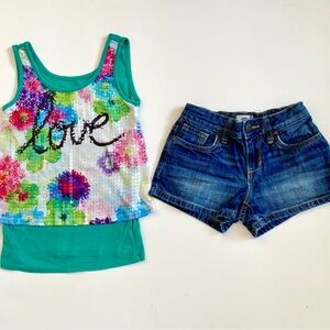 Justice Girl’s Sequin 2fer Love Tank Top & Old Navy Jean Shorts Size 8 Denim